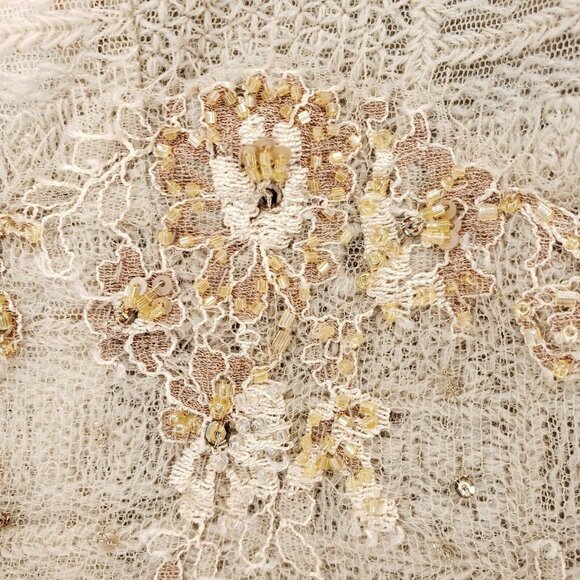 Cynthia Rose Beige Semi Sheer Lace Top Blouse Size SMALL Embroidered Rhinestone - Picture 4 of 7